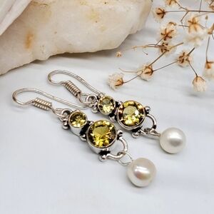 Natural Citrine Freshwater Natural Pearls Silver 925 Earrings Lightweigt